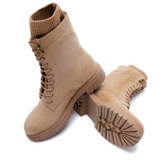 Portobello Khaki Tan Lace-Up Boots with Sock Top - Picture 1 of 5